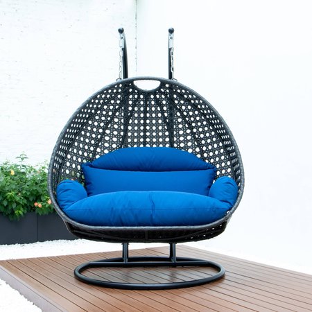 Leisuremod Charcoal Wicker Hanging 2 person Egg Swing Chair with Blue Cushions ESCCH-57BU